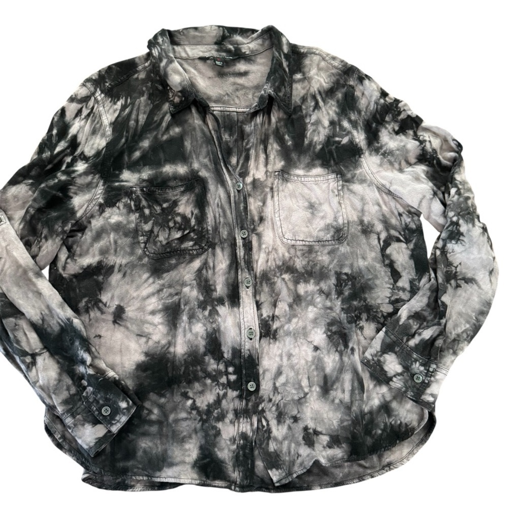Rock & Republic Black Tie Dye Color Wash Long Sleeve Soft Button Up Size XL